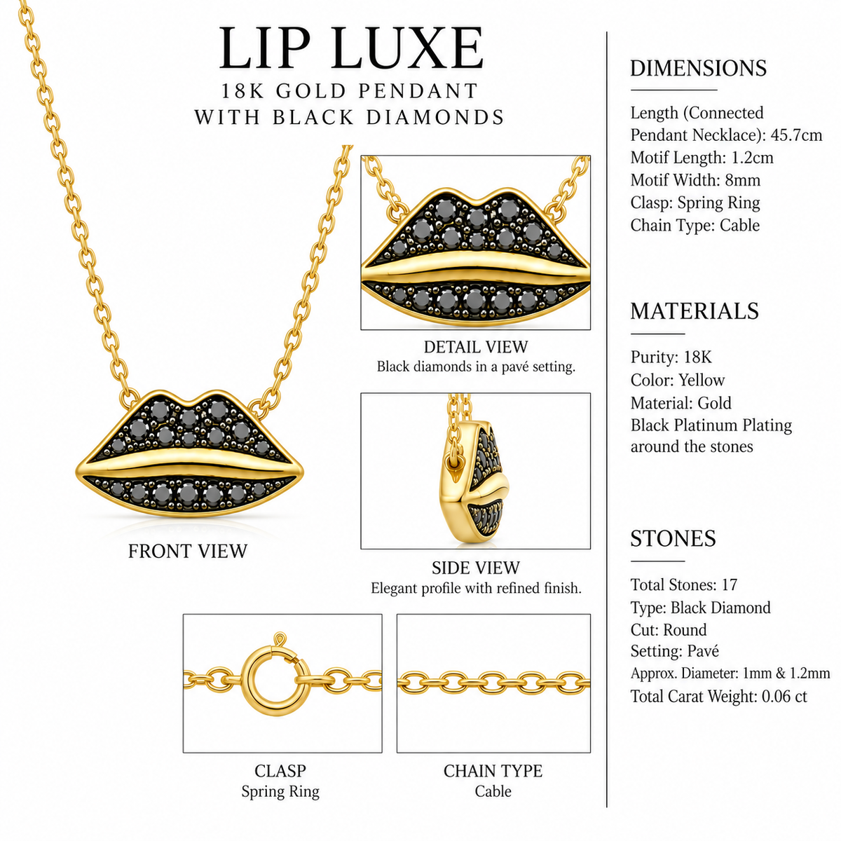 Lip Luxe - 18K Gold Pendant with Black Diamonds by Bed of Stones Jewelry, close-up of black diamond pavé setting with product dimensions and stone details diagram