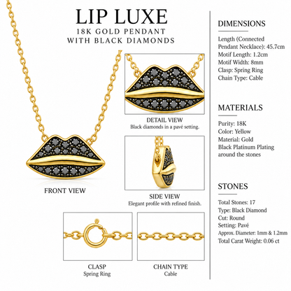 Lip Luxe - 18K Gold Pendant with Black Diamonds by Bed of Stones Jewelry, close-up of black diamond pavé setting with product dimensions and stone details diagram