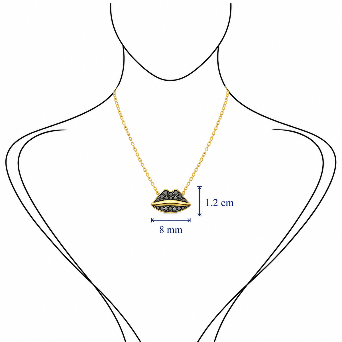 Lip Luxe - 18K Gold Pendant with Black Diamonds by Bed of Stones Jewelry, illustration showing pendant placement