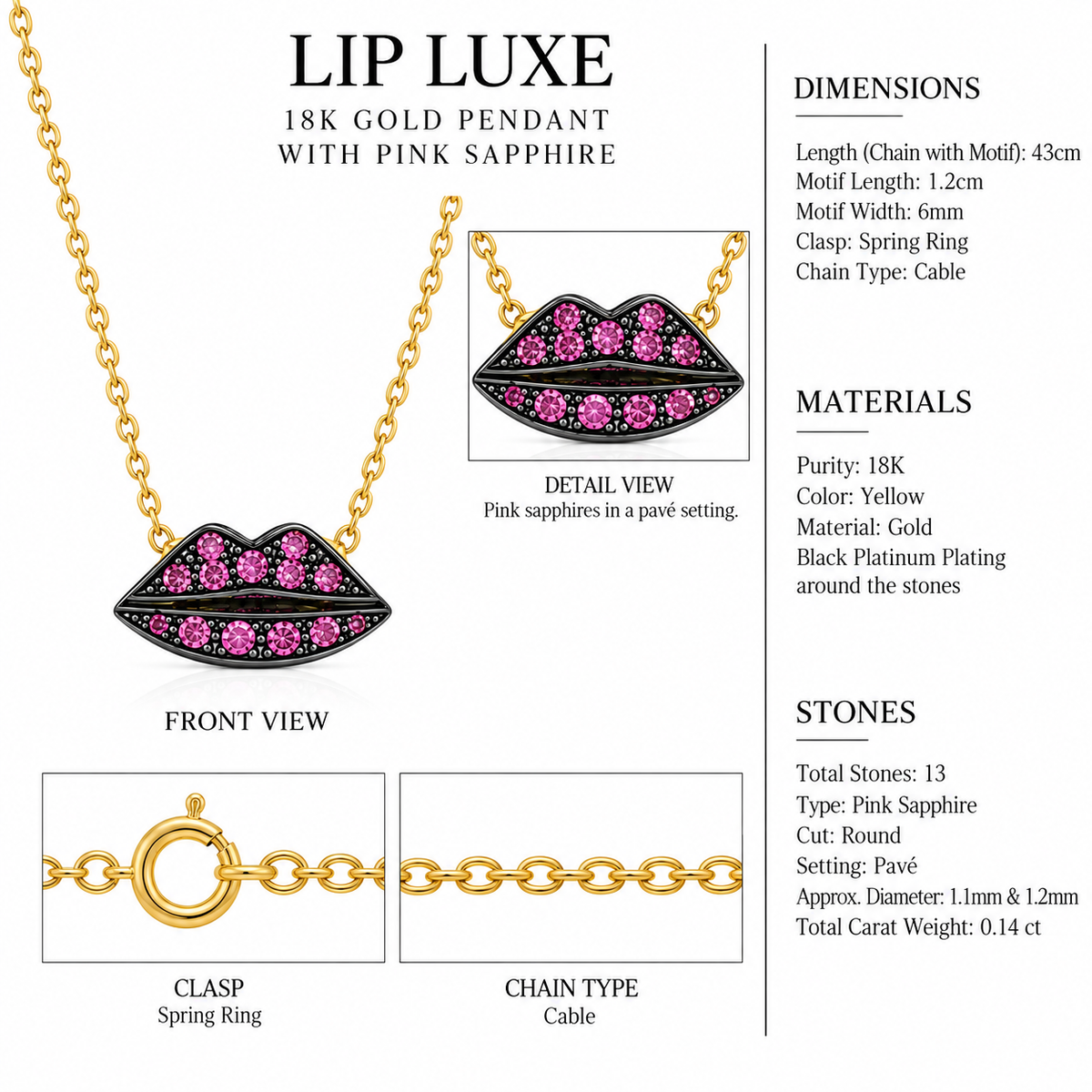 Lip Luxe - 18K Gold Pendant with Pink Sapphire by Bed of Stones Jewelry, close-up of pink sapphire pavé setting with product dimensions and stone details diagram
