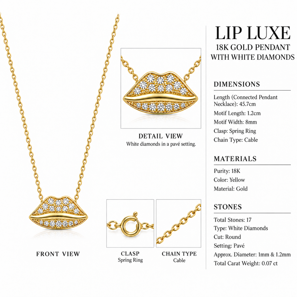 Lip Luxe - 18K Gold Pendant with White Diamonds by Bed of Stones Jewelry, close-up of white diamond pavé setting with product dimensions and stone details diagram