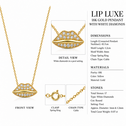 Lip Luxe - 18K Gold Pendant with White Diamonds by Bed of Stones Jewelry, close-up of white diamond pavé setting with product dimensions and stone details diagram