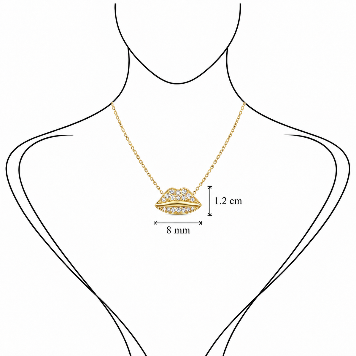Lip Luxe - 18K Gold Pendant with White Diamonds by Bed of Stones Jewelry, illustration showing pendant placement