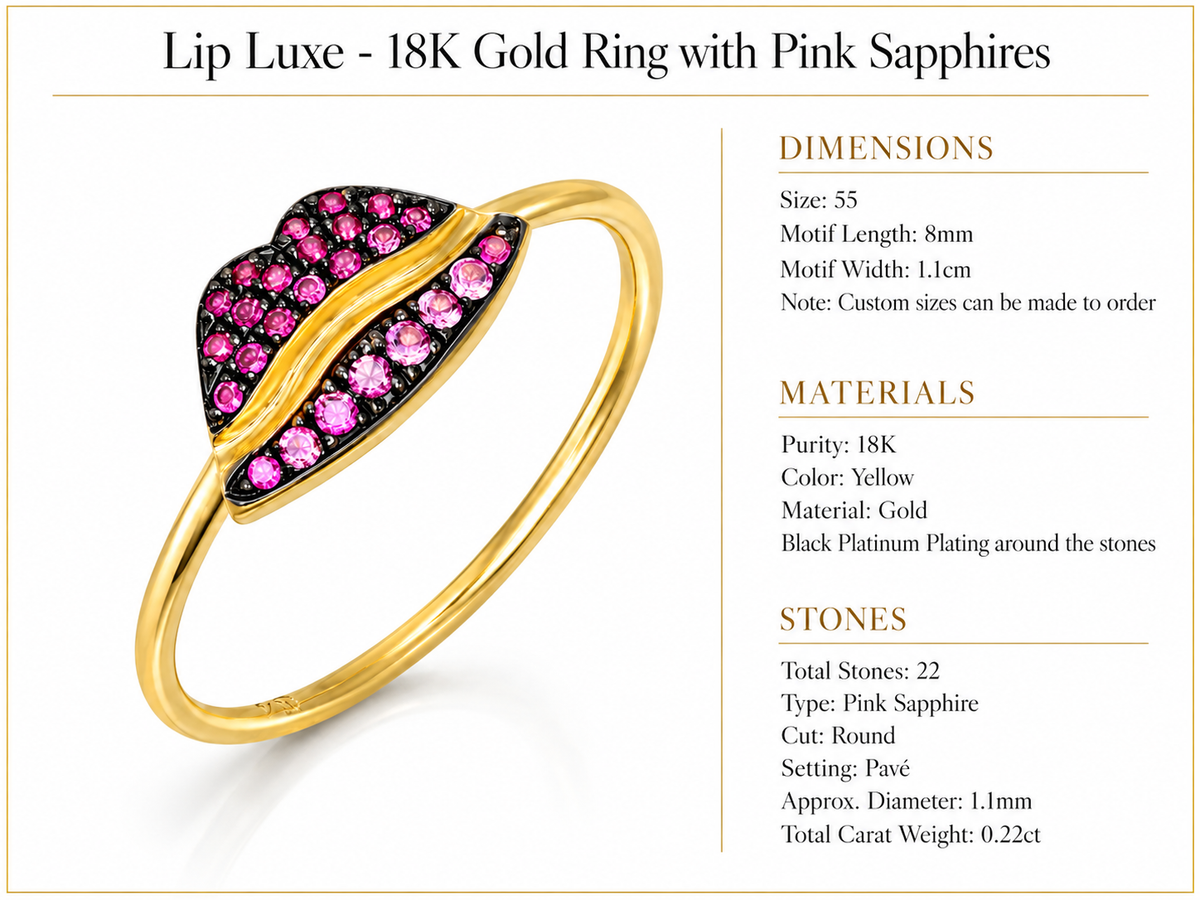 Lip Luxe - 18K Gold Ring with Pink Sapphires by Bed of Stones Jewelry, product dimensions and stone details diagram