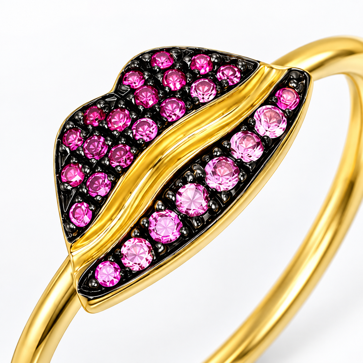 Close-up of round-cut pink sapphire pavé setting on Lip Luxe 18K Gold Ring by Bed of Stones Jewelry