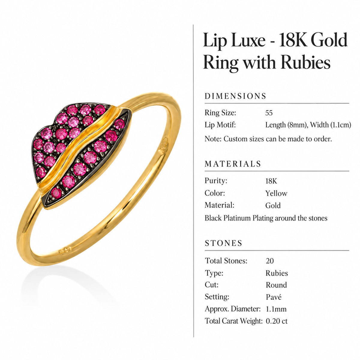 Lip Luxe - 18K Gold Ring with Rubies by Bed of Stones Jewelry, product dimensions and stone details diagram
