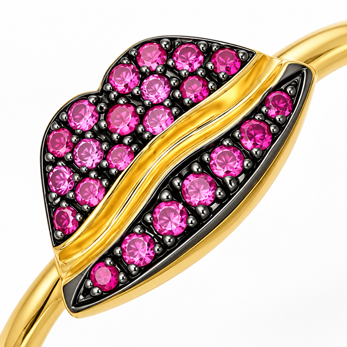 Close-up of round-cut ruby pavé setting on Lip Luxe 18K Gold Ring by Bed of Stones Jewelry