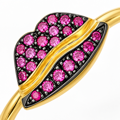 Close-up of round-cut ruby pavé setting on Lip Luxe 18K Gold Ring by Bed of Stones Jewelry