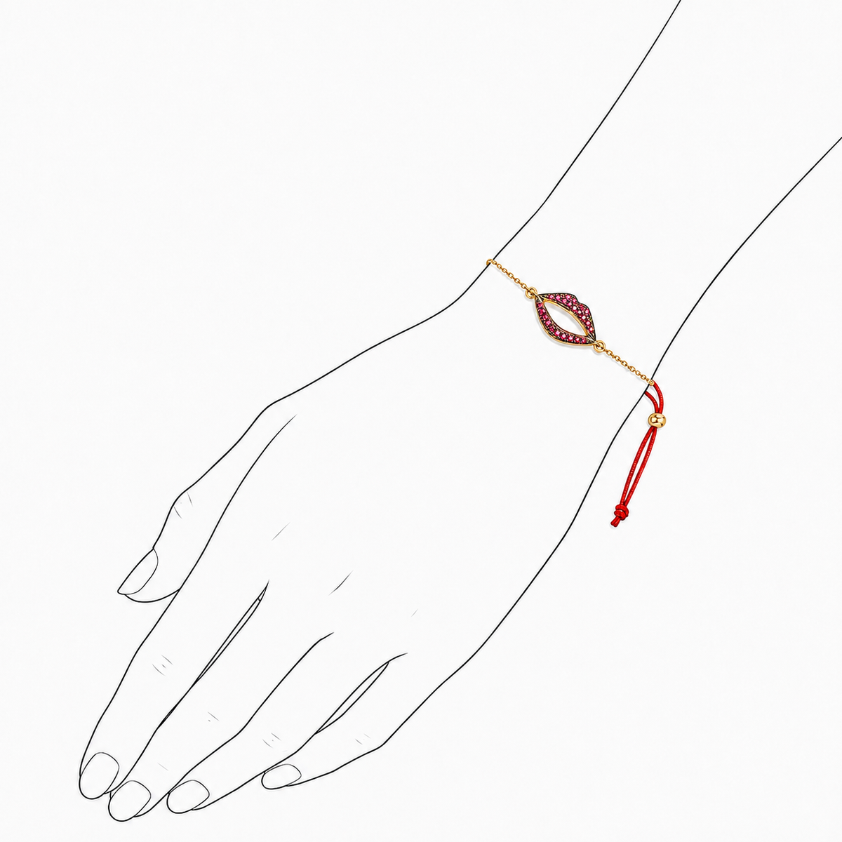 Lip Luxe Open Allure 18K Gold Bracelet by Bed of Stones Jewelry, illustration showing wrist placement