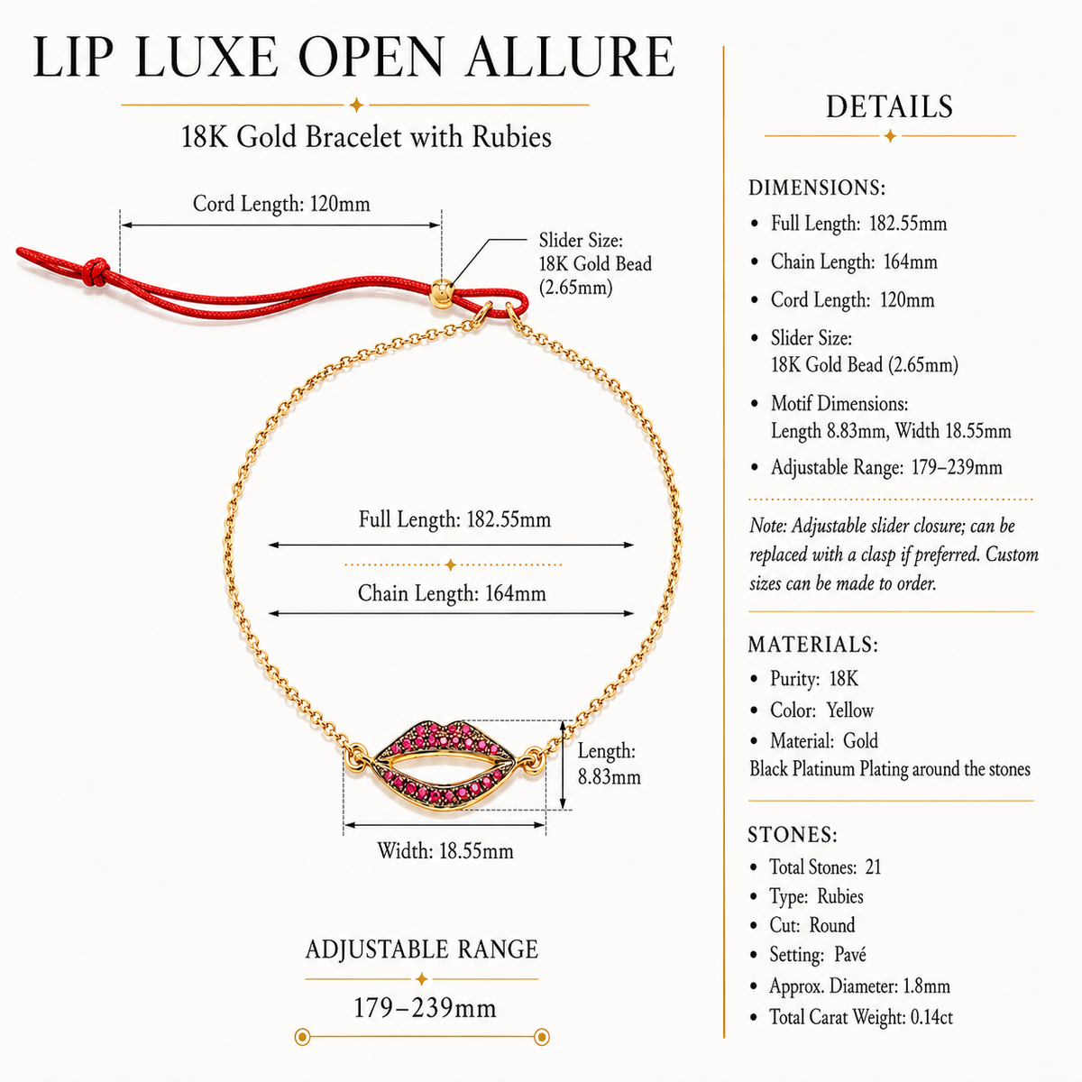 Lip Luxe Open Allure - 18K Gold Bracelet with Rubies by Bed of Stones Jewelry, product dimensions and stone details diagram