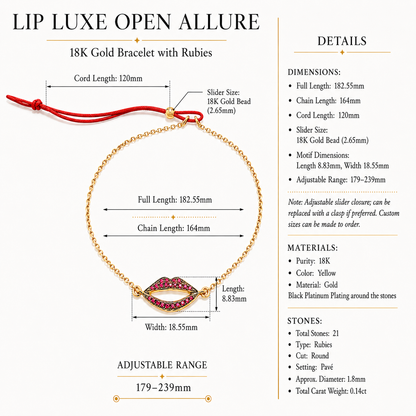 Lip Luxe Open Allure - 18K Gold Bracelet with Rubies by Bed of Stones Jewelry, product dimensions and stone details diagram