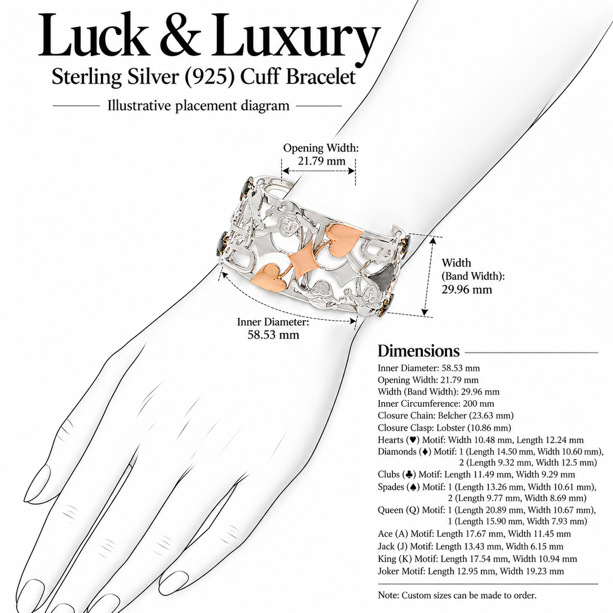 Luck & Luxury - Sterling Silver (925) Cuff Bracelet by Bed of Stones Jewelry, illustration showing wrist placement