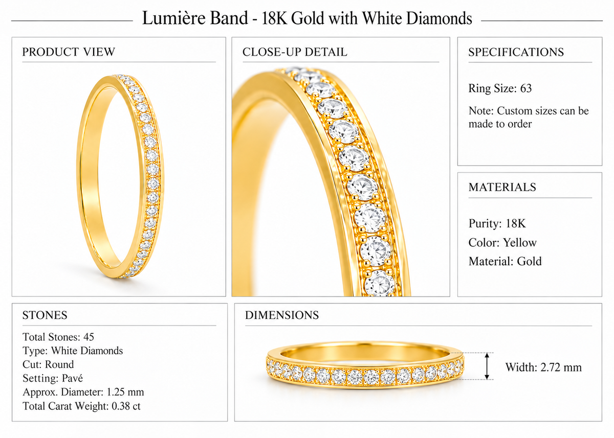 Lumière Band - 18K Gold with White Diamonds by Bed of Stones Jewelry, product dimensions and stone details diagram