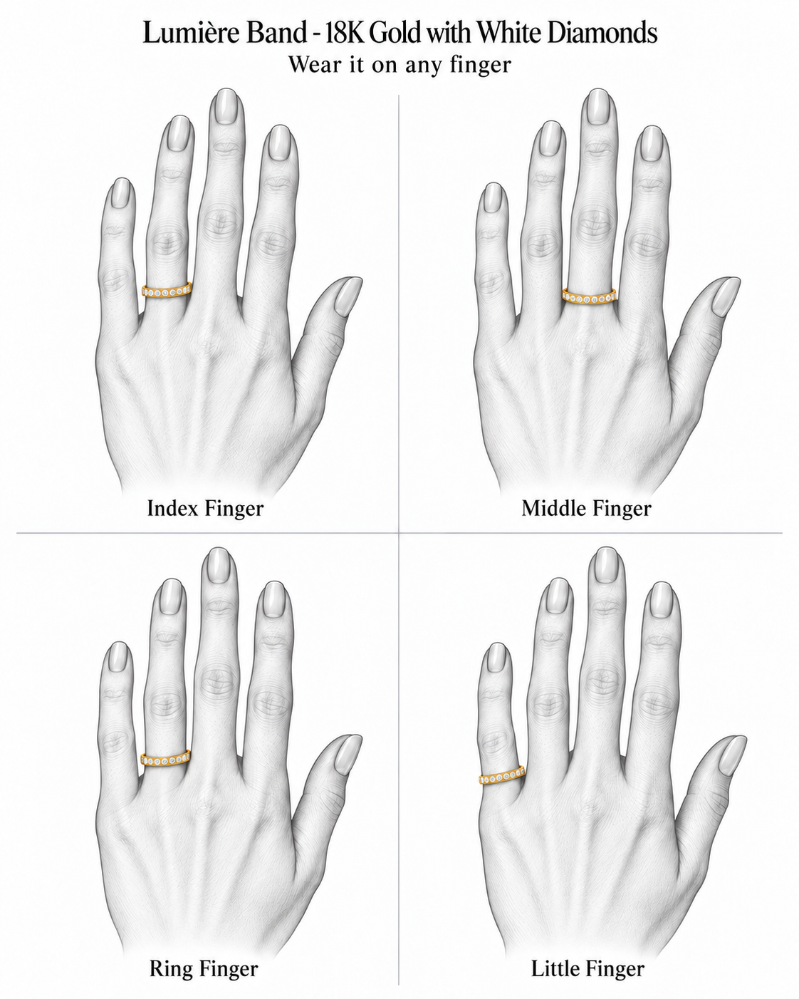 Lumière Band - 18K Gold with White Diamonds by Bed of Stones Jewelry, illustration showing ring placement