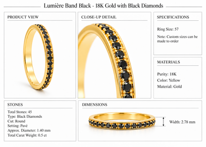 Lumière Band Black - 18K Gold with Black Diamonds by Bed of Stones Jewelry, product dimensions and stone details diagram