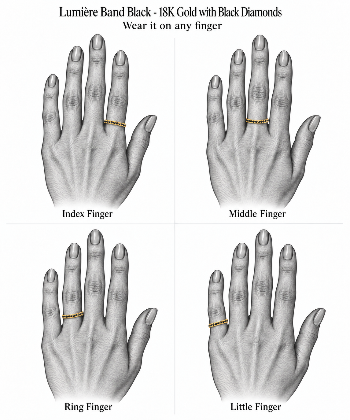 Lumière Band Black - 18K Gold with Black Diamonds by Bed of Stones Jewelry, illustration showing ring placement