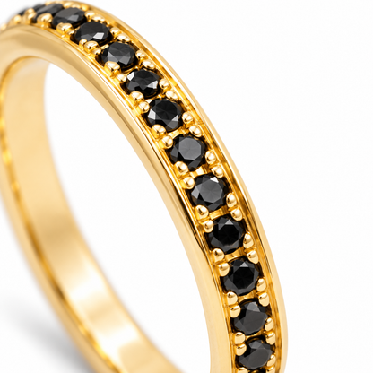 Close-up of round-cut black diamond pavé setting on Lumière Band Black 18K Gold by Bed of Stones Jewelry