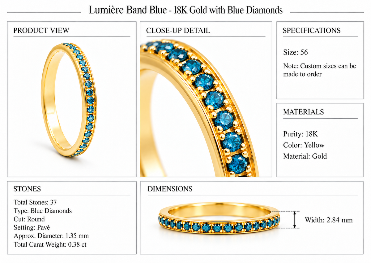 Lumière Band Blue - 18K Gold with Blue Diamonds by Bed of Stones Jewelry, product dimensions and stone details diagram