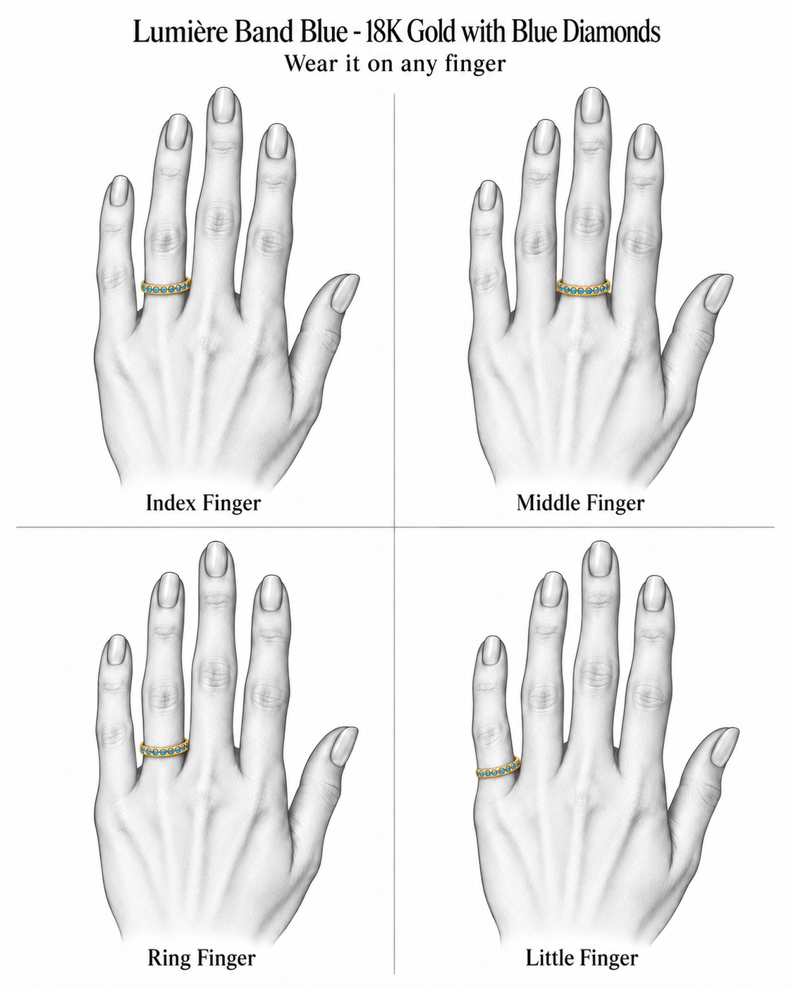 Lumière Band Blue - 18K Gold with Blue Diamonds by Bed of Stones Jewelry, illustration showing ring placement