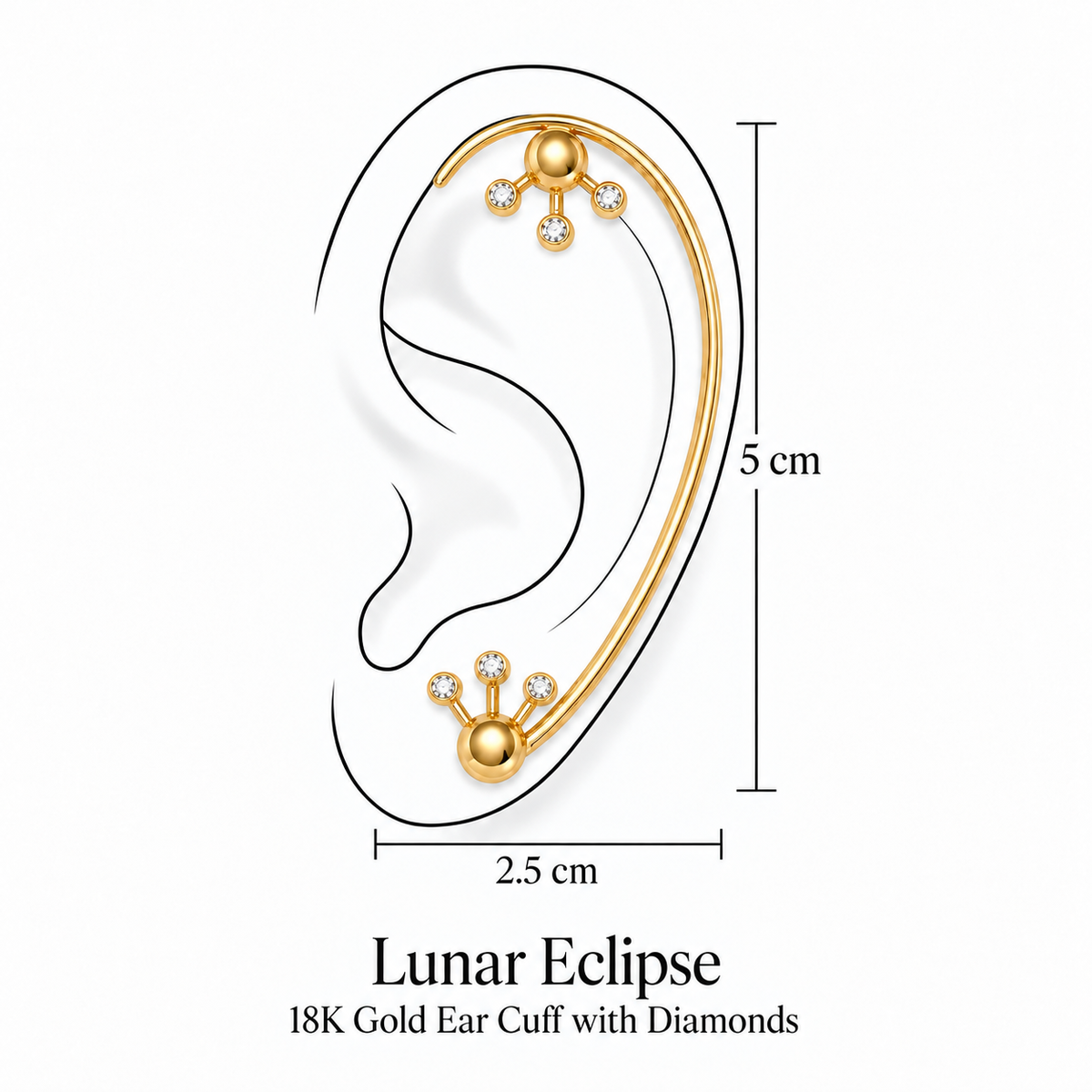 Lunar Eclipse Ear Cuff by Bed of Stones Jewelry, illustration showing ear placement with dimensions