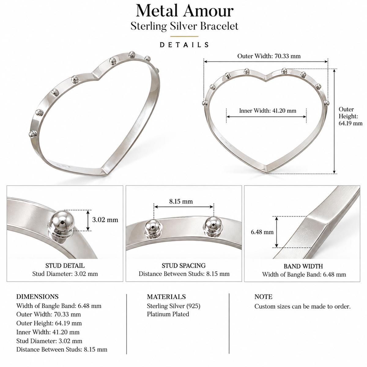 Metal Amour - Sterling Silver Bracelet by Bed of Stones Jewelry, product dimensions diagram