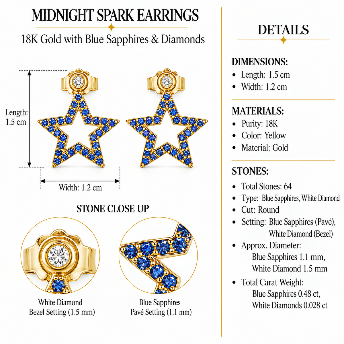 Midnight Spark - 18K Gold Earrings with Blue Sapphires & Diamonds by Bed of Stones Jewelry, product dimensions and stone details diagram