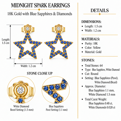 Midnight Spark - 18K Gold Earrings with Blue Sapphires & Diamonds by Bed of Stones Jewelry, product dimensions and stone details diagram