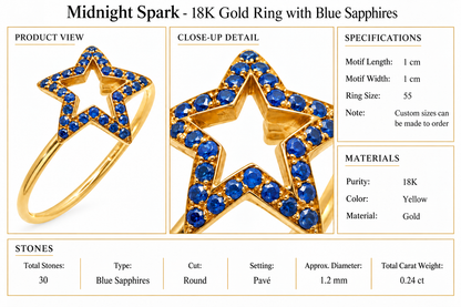 Midnight Spark - 18K Gold Ring with Blue Sapphires by Bed of Stones Jewelry, product dimensions and stone details diagram