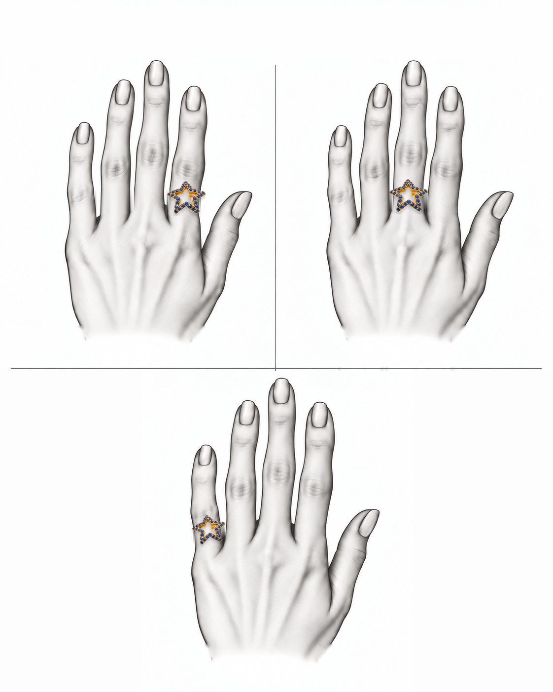 Midnight Spark - 18K Gold Ring with Blue Sapphires by Bed of Stones Jewelry, illustration showing ring placement