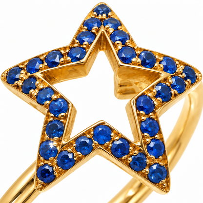 Close-up of round-cut blue sapphire pavé setting on Midnight Spark 18K Gold Ring by Bed of Stones Jewelry