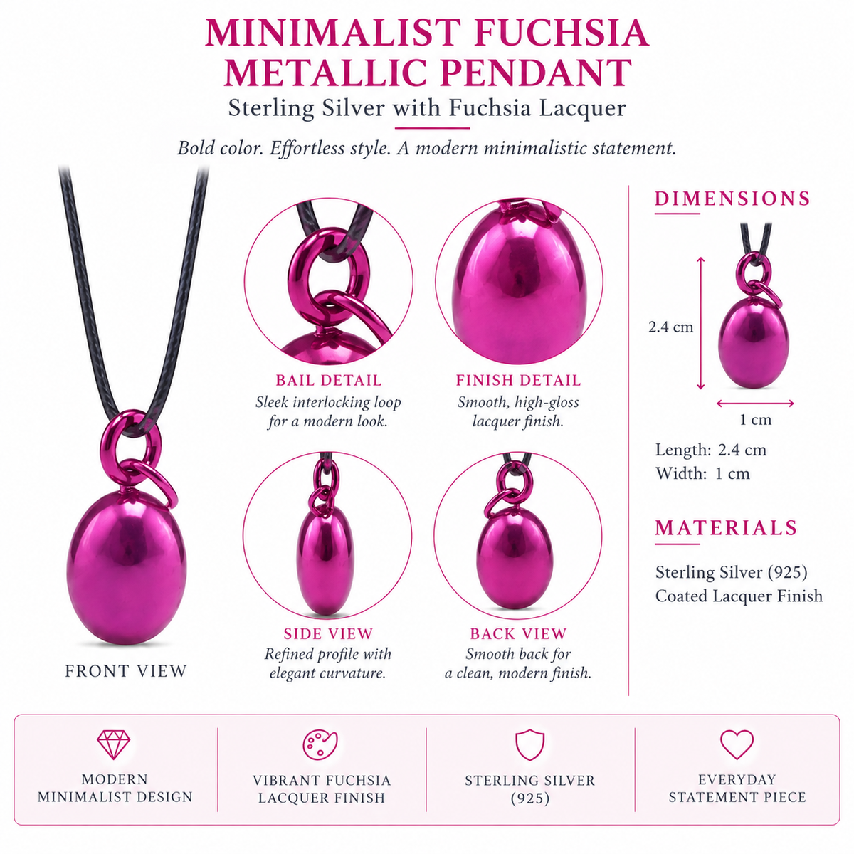 Minimalist Fuchsia Metallic Pendant - Sterling Silver with Fuchsia Lacquer by Bed of Stones Jewelry, product dimensions diagram
