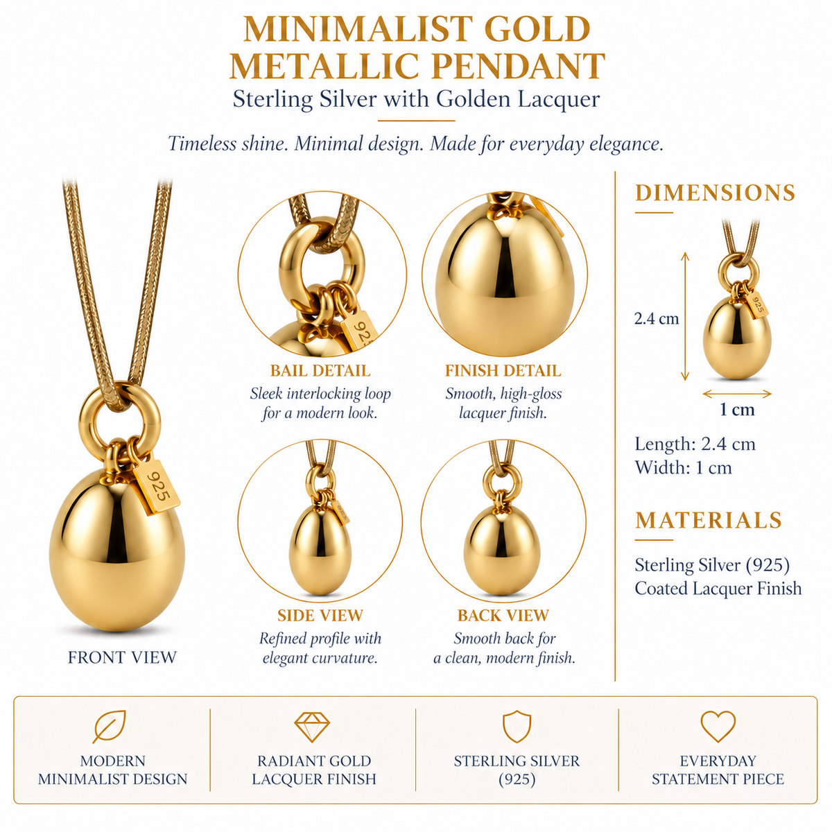 Minimalist Gold Metallic Pendant - Sterling Silver with Golden Lacquer by Bed of Stones Jewelry, product dimensions diagram