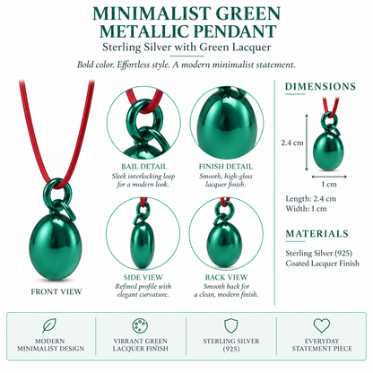 Minimalist Green Metallic Pendant - Sterling Silver with Green Lacquer by Bed of Stones Jewelry, product dimensions diagram