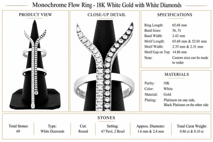 Monochrome Flow Ring - 18K White Gold with White Diamonds by Bed of Stones Jewelry, product dimensions and stone details diagram