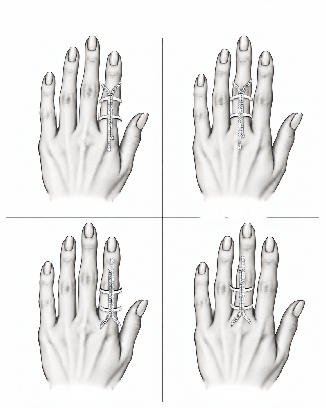 Monochrome Flow Ring - 18K White Gold with White Diamonds by Bed of Stones Jewelry, illustration showing ring placement