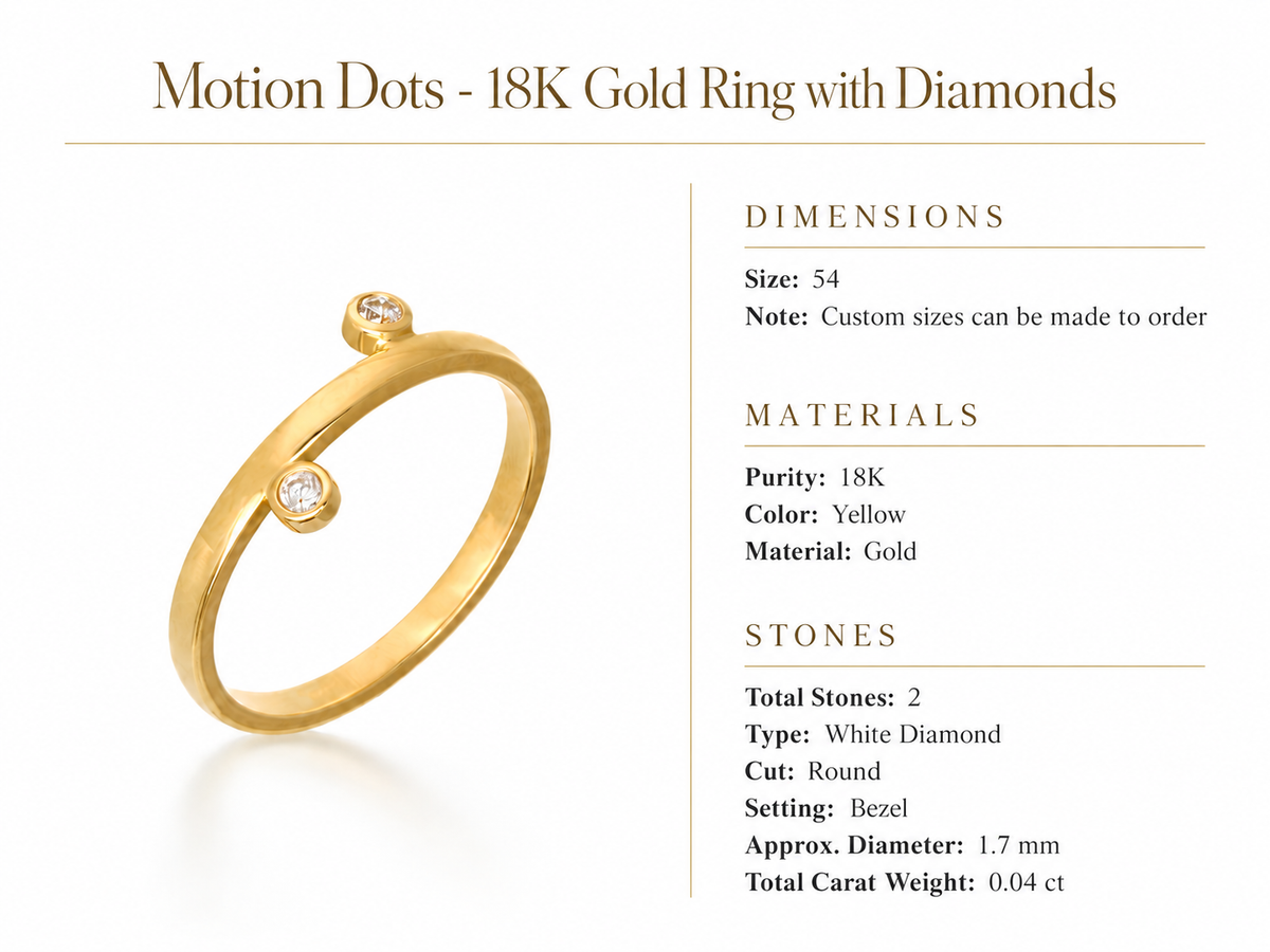 Motion Dots - 18K Gold Ring with Diamonds by Bed of Stones Jewelry, product dimensions and stone details diagram