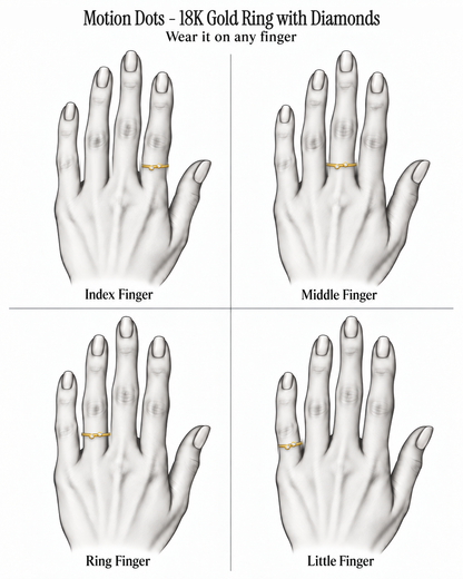 Motion Dots - 18K Gold Ring with Diamonds by Bed of Stones Jewelry, illustration showing ring placement