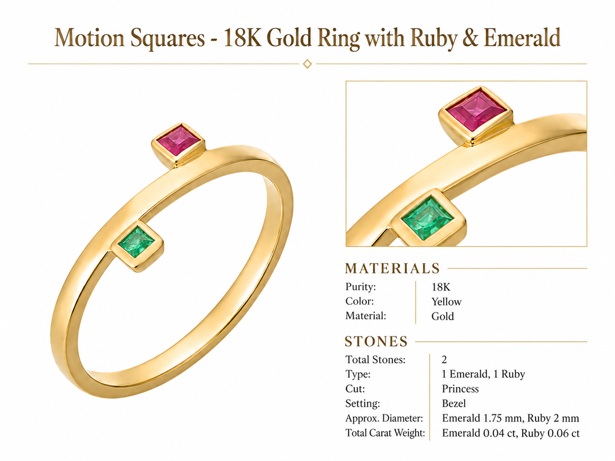 Motion Squares - 18K Gold Ring with Ruby & Emerald by Bed of Stones Jewelry, product dimensions and stone details diagram