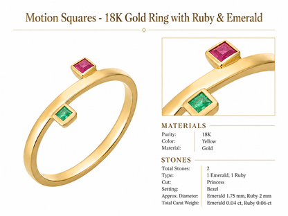 Motion Squares - 18K Gold Ring with Ruby & Emerald by Bed of Stones Jewelry, product dimensions and stone details diagram