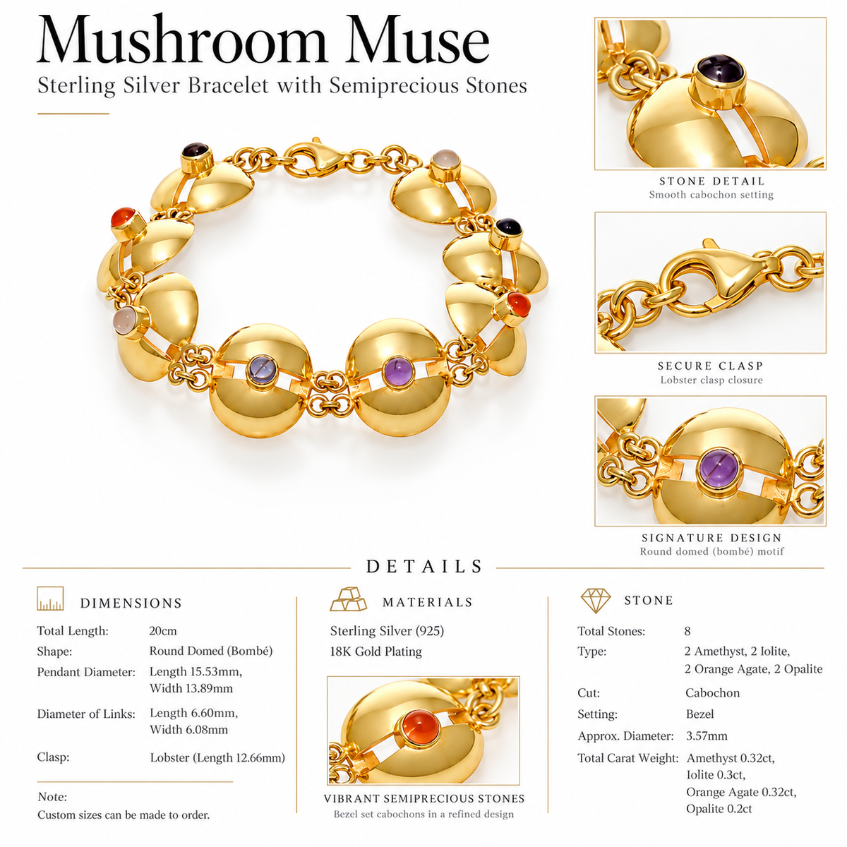 Mushroom Muse - Sterling Silver Bracelet with Semiprecious Stones by Bed of Stones Jewelry, close-up of cabochon-cut amethyst, iolite, orange agate and opalite bezel setting with product dimensions and stone details diagram