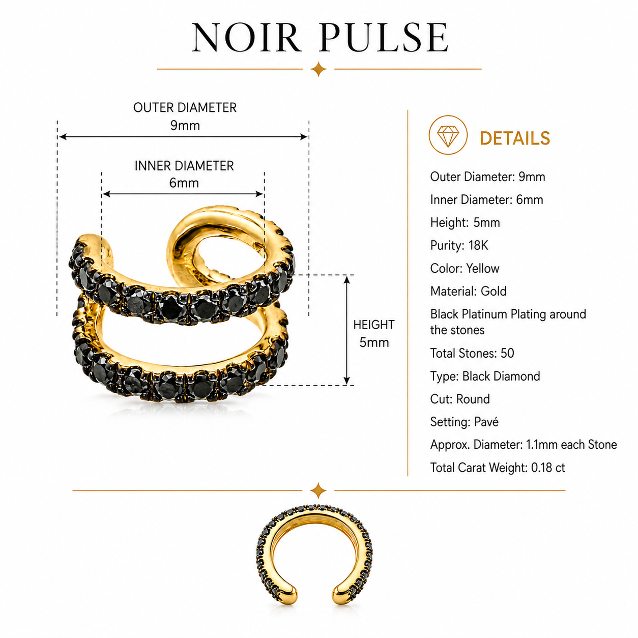 Noir Pulse - 18K Gold Ear Cuff with Black Diamonds by Bed of Stones Jewelry, product dimensions and stone details diagram
