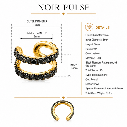 Noir Pulse - 18K Gold Ear Cuff with Black Diamonds by Bed of Stones Jewelry, product dimensions and stone details diagram