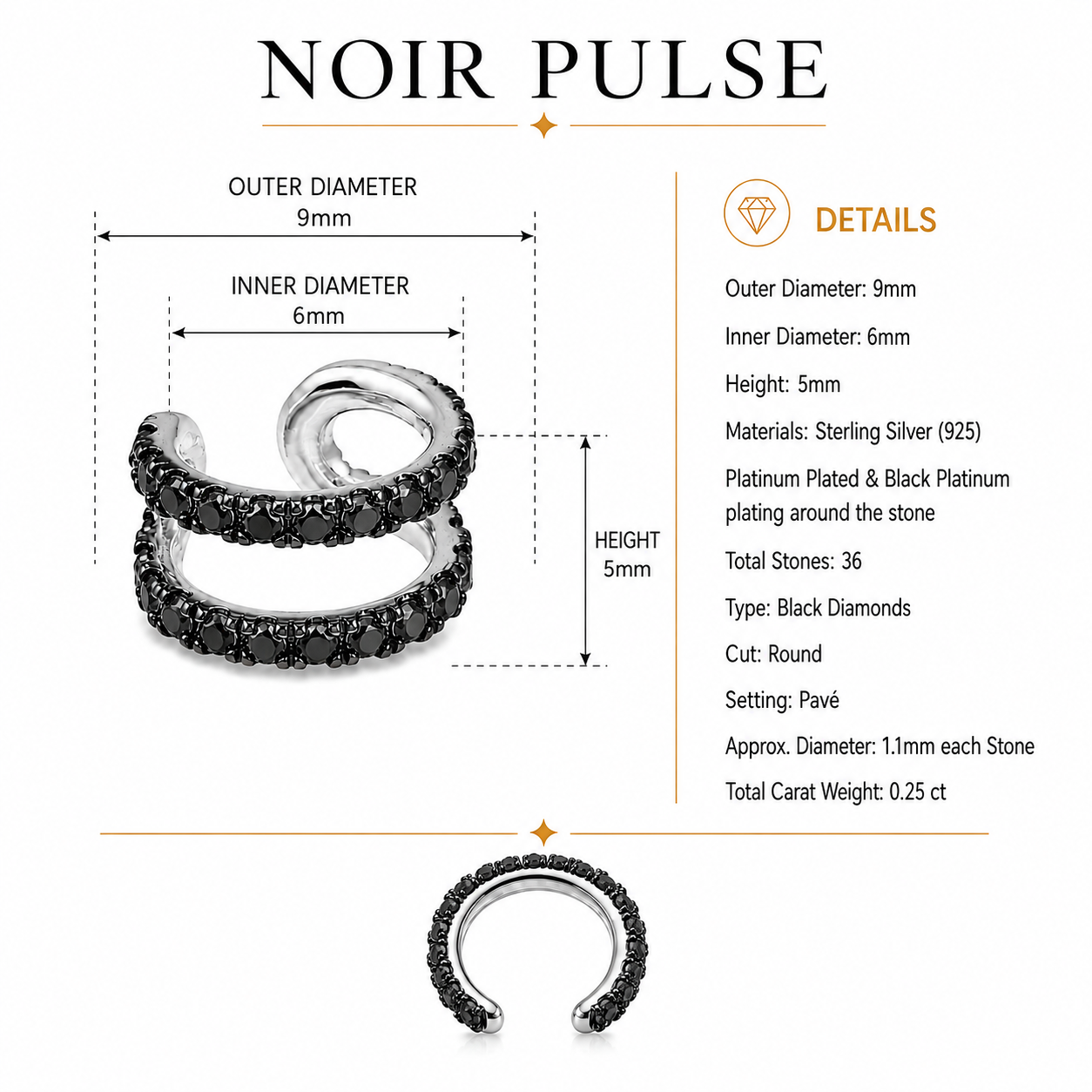 Noir Pulse - Sterling Silver (925) Ear Cuff with Black Diamonds by Bed of Stones Jewelry, product dimensions and stone details diagram