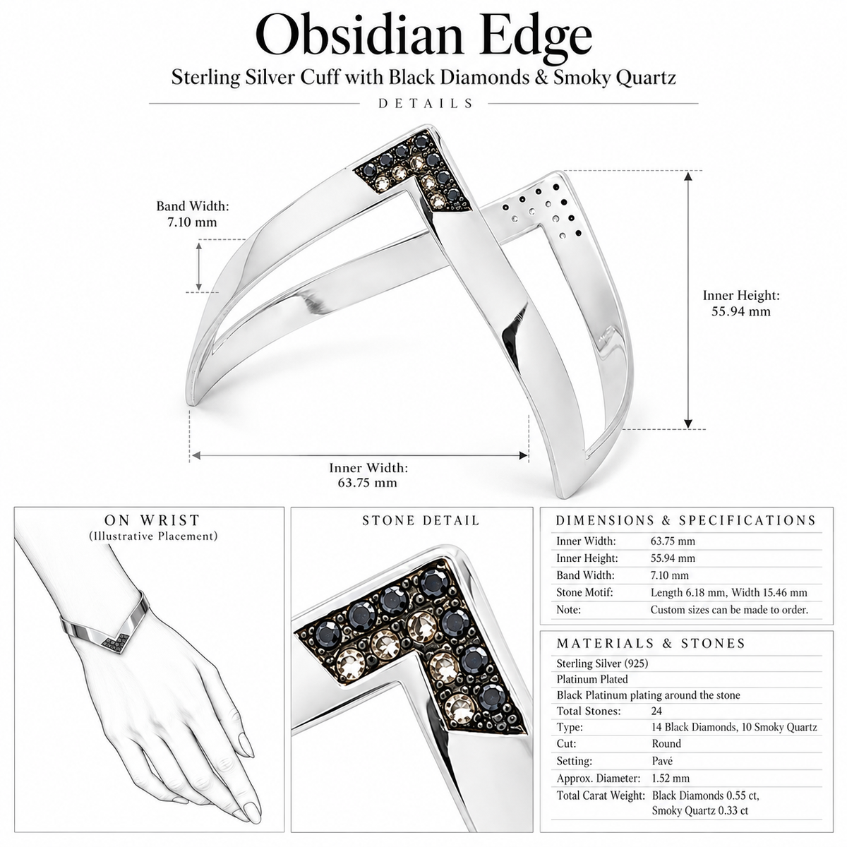 Obsidian Edge - Sterling Silver Cuff with Black Diamonds & Smoky Quartz by Bed of Stones Jewelry, close-up of black diamond and smoky quartz pavé setting with product dimensions and stone details diagram