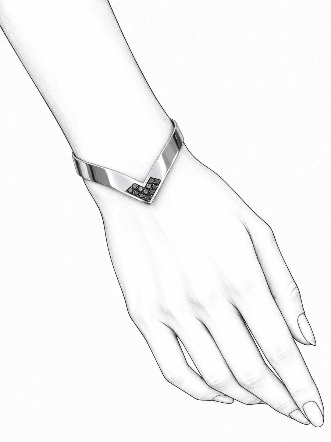 Obsidian Edge - Sterling Silver Cuff with Black Diamonds & Smoky Quartz by Bed of Stones Jewelry, illustration showing wrist placement