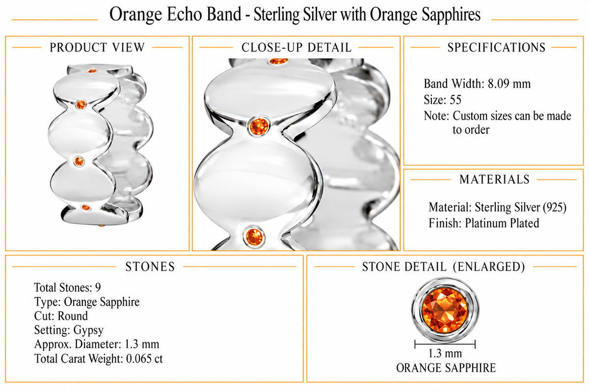 Orange Echo Band - Sterling Silver with Orange Sapphires by Bed of Stones Jewelry, product dimensions and stone details diagram