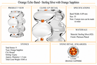 Orange Echo Band - Sterling Silver with Orange Sapphires by Bed of Stones Jewelry, product dimensions and stone details diagram