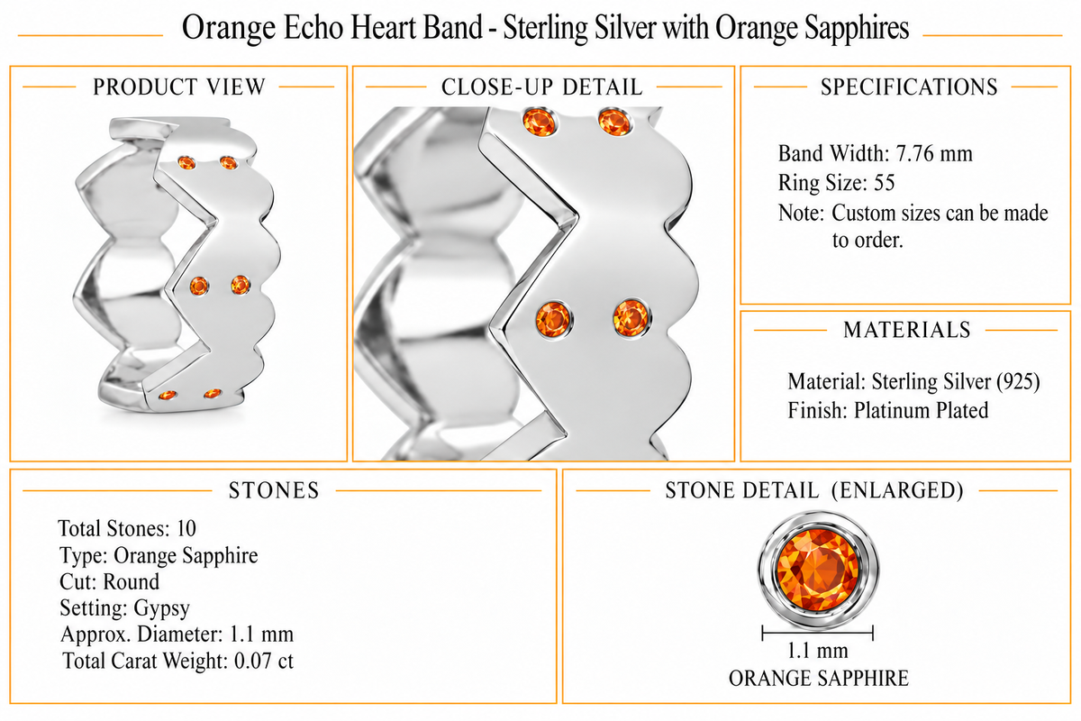 Orange Echo Heart Band - Sterling Silver with Orange Sapphires by Bed of Stones Jewelry, product dimensions and stone details diagram