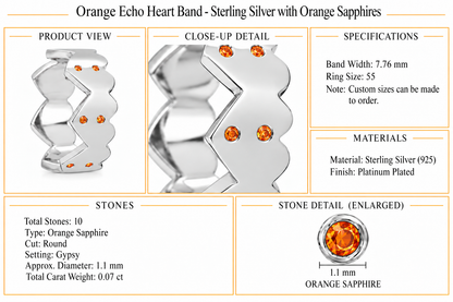 Orange Echo Heart Band - Sterling Silver with Orange Sapphires by Bed of Stones Jewelry, product dimensions and stone details diagram