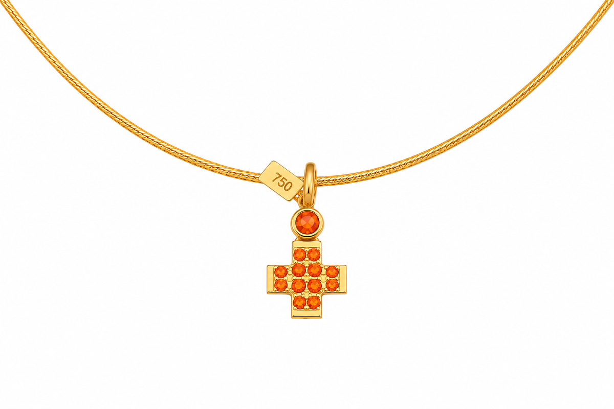 
Pavé Gem Cross - 18K Gold Cross Pendant with Orange Sapphire by Bed of Stones Jewelry